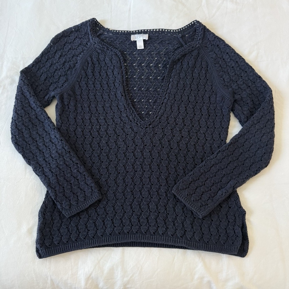 Vintage Y2K 100% Cotton Pointelle Open Knit Sweater Tunic Size L Navy Blue
